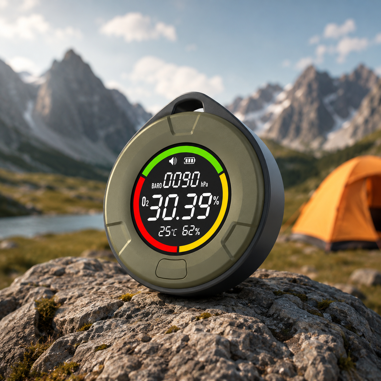 FABISENSE 10F 4-in-1 Air Quality Monitor | O2, Barometric Pressure, Temp & Humidity | Audible Alarm | Portable | for Home, Camping & Hiking