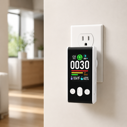 FABISENSE 4-in-1 Plug-in CO & Gas Detector | Reverse-Compatible | CO, Gas, Temp & Humidity | Dual Power