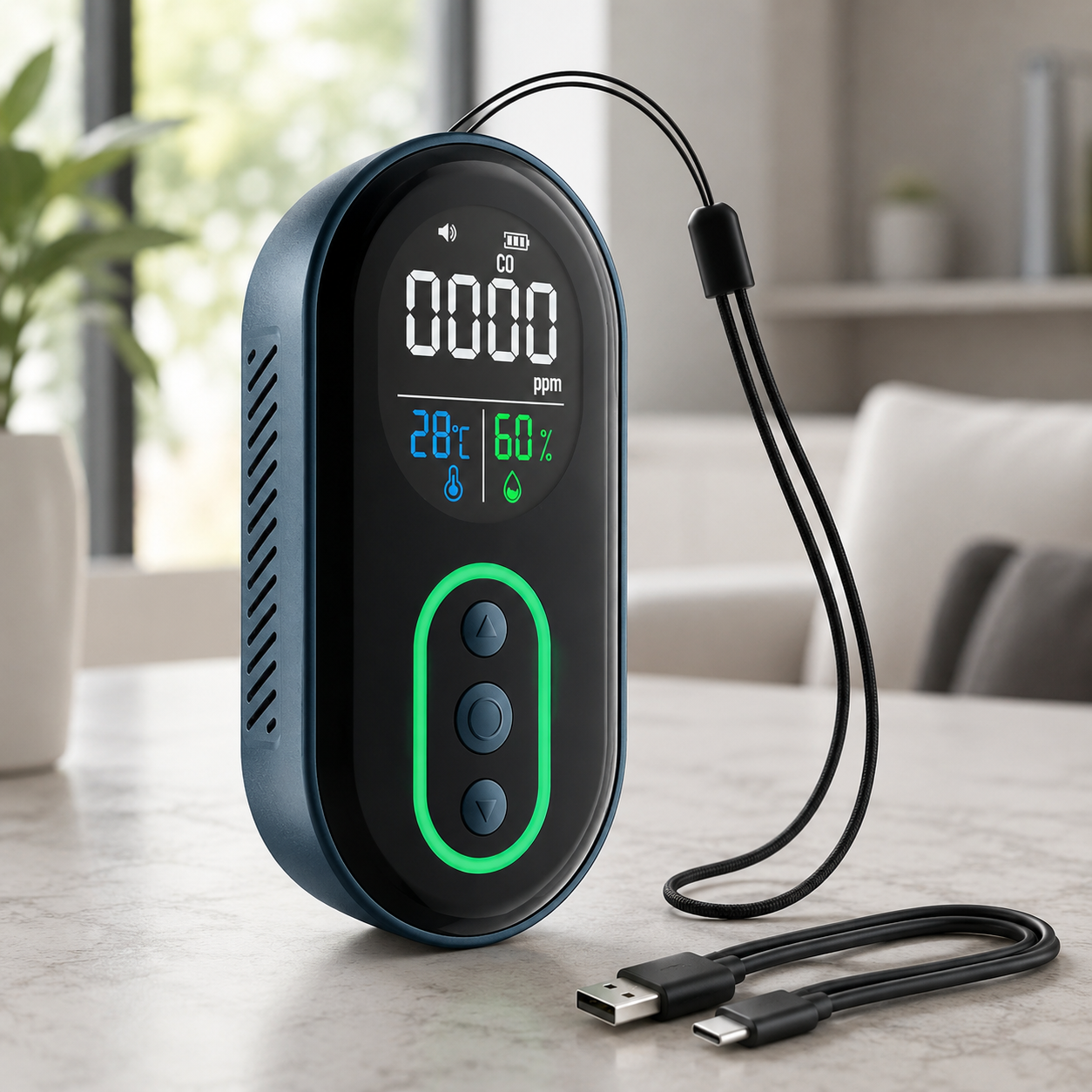 FABISENSE Portable 3-in-1 CO Detector | 168H Battery | Type-C Rechargeable | CO, Temp & Humidity | Audible & Visual Alarm | for Travel, Camping, Car & Home