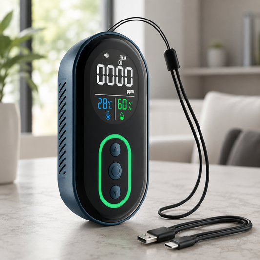 FABISENSE Portable 3-in-1 CO Detector | 168H Battery | Type-C Rechargeable | CO, Temp & Humidity | Audible & Visual Alarm | for Travel, Camping, Car & Home