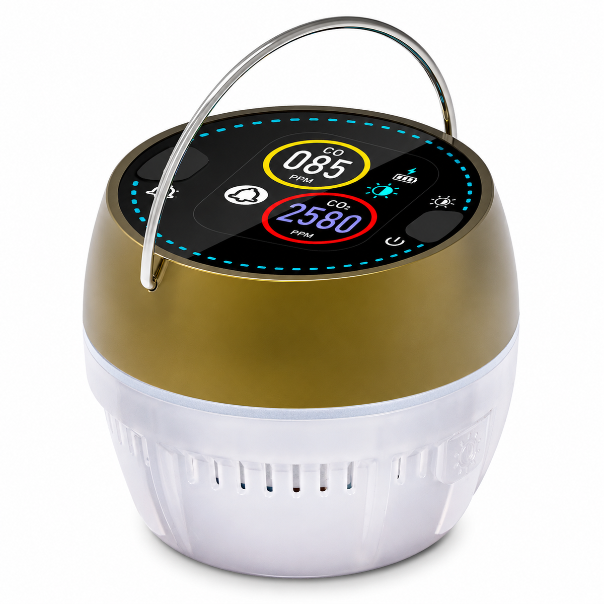FABISENSE 256L 便携式一氧化碳检测仪及露营灯，具备 6 种灯光模式、可选配铝合金支架及 2100mAh 电池