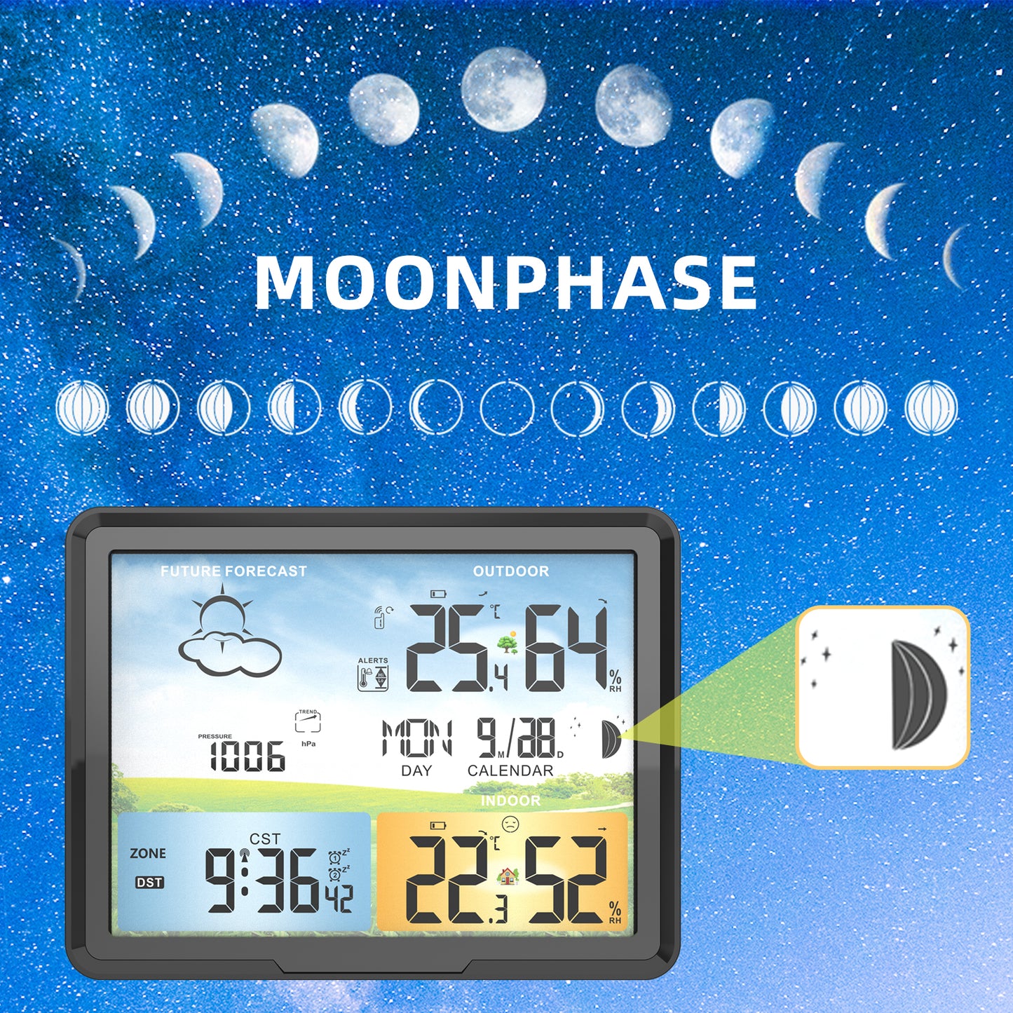 PT20A Wireless Weather Station Standing and Wall Hanging Colorful LCD Alarm Clock Indoor Thermometer Hygrometer