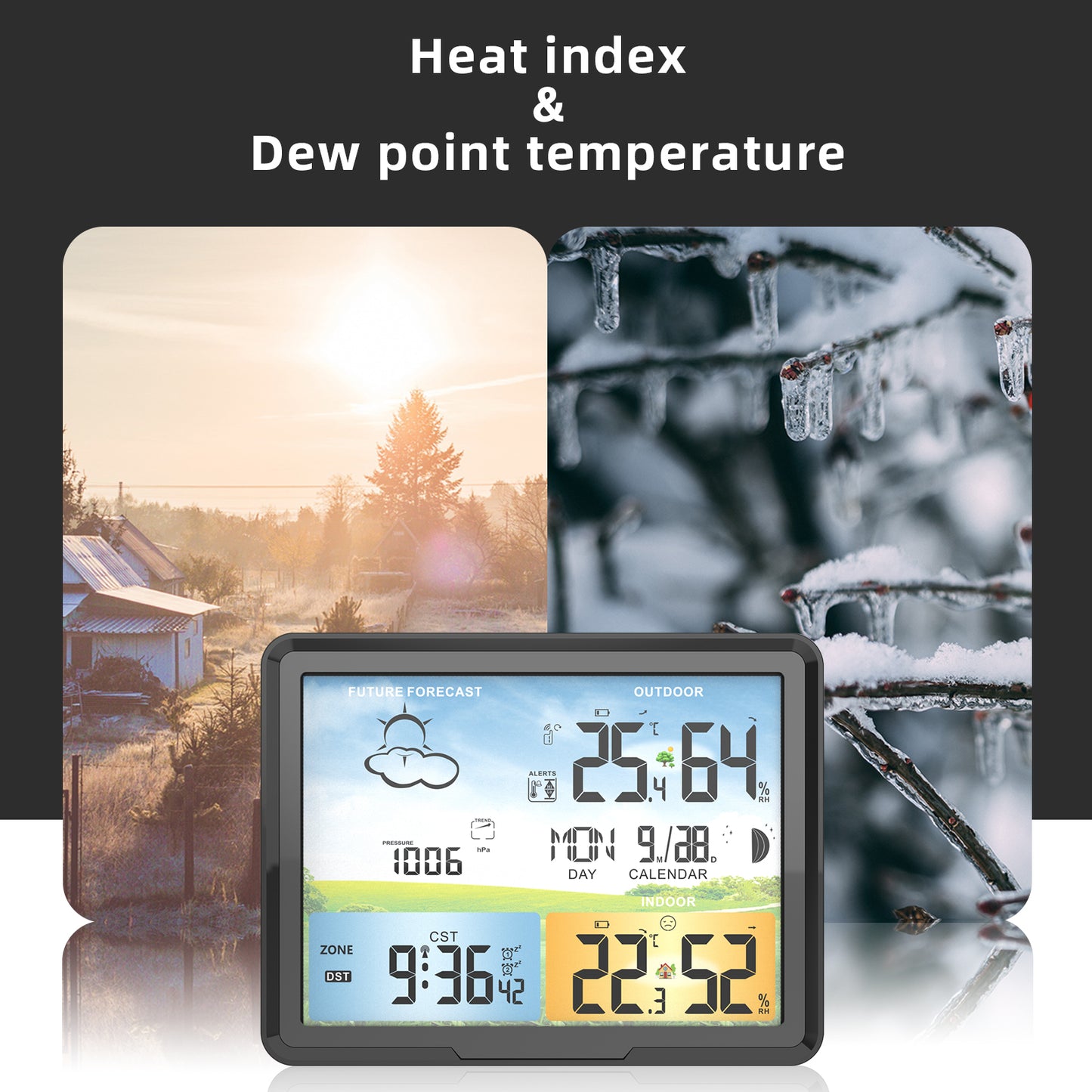 PT20A Wireless Weather Station Standing and Wall Hanging Colorful LCD Alarm Clock Indoor Thermometer Hygrometer