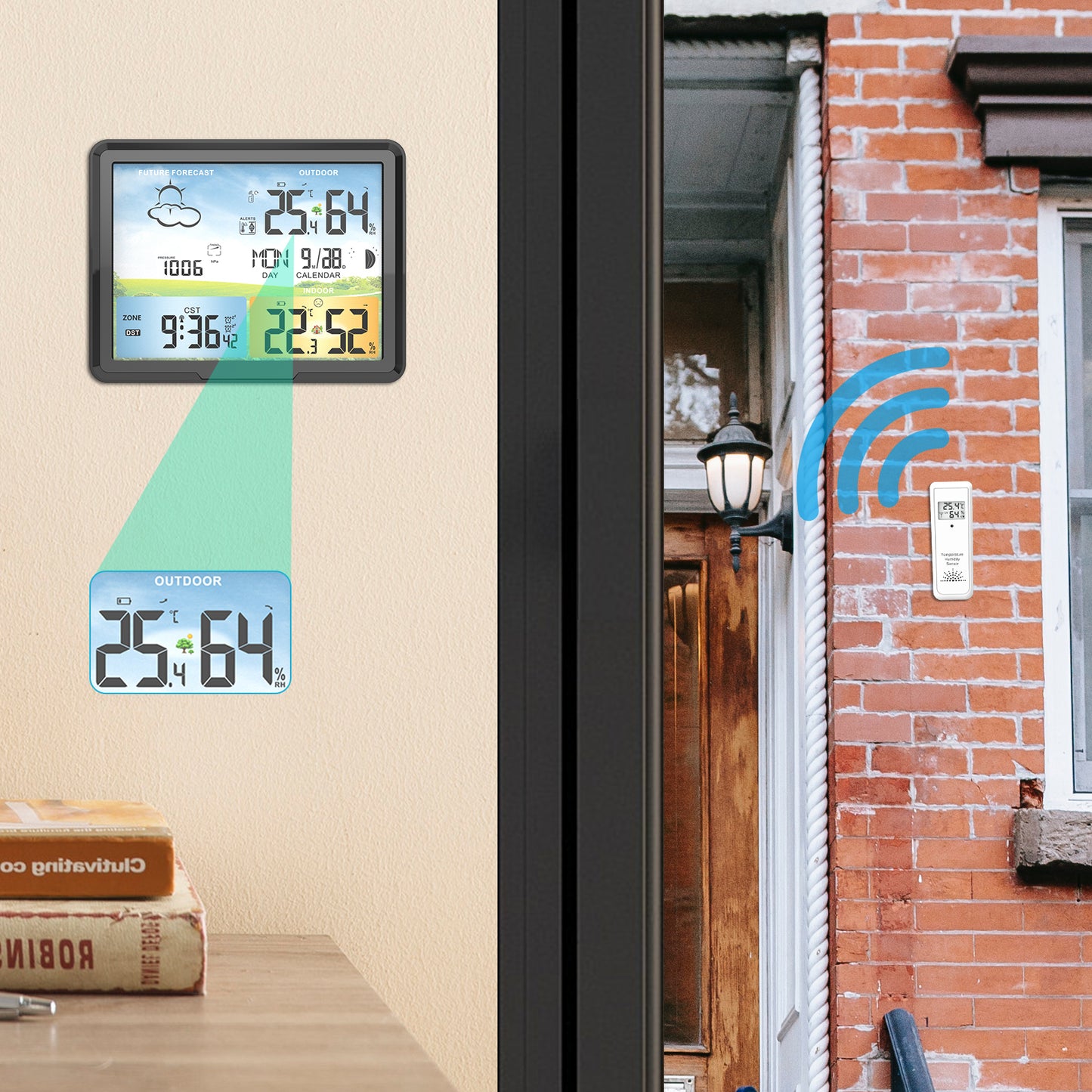 PT20A Wireless Weather Station Standing and Wall Hanging Colorful LCD Alarm Clock Indoor Thermometer Hygrometer