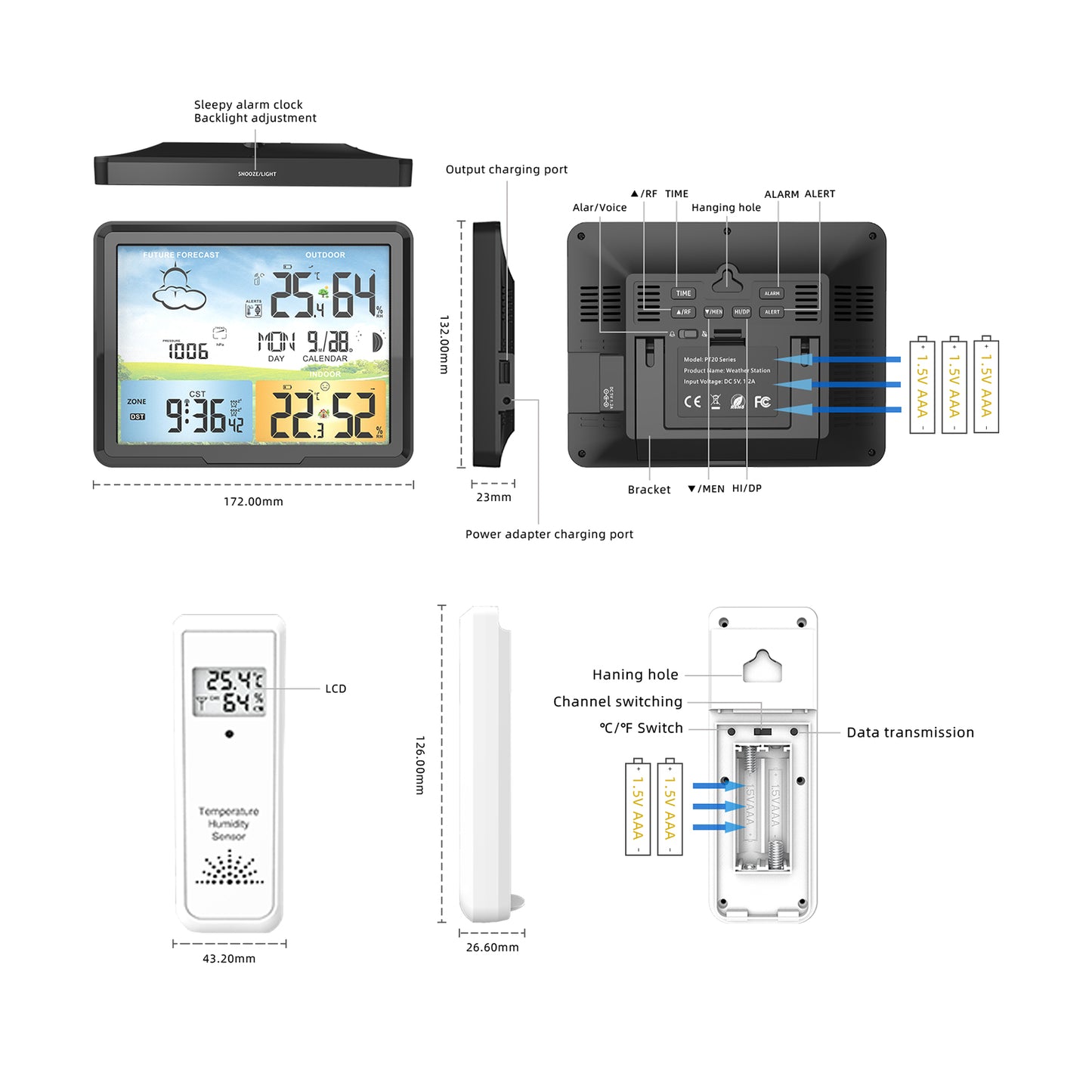 PT20A Wireless Weather Station Standing and Wall Hanging Colorful LCD Alarm Clock Indoor Thermometer Hygrometer