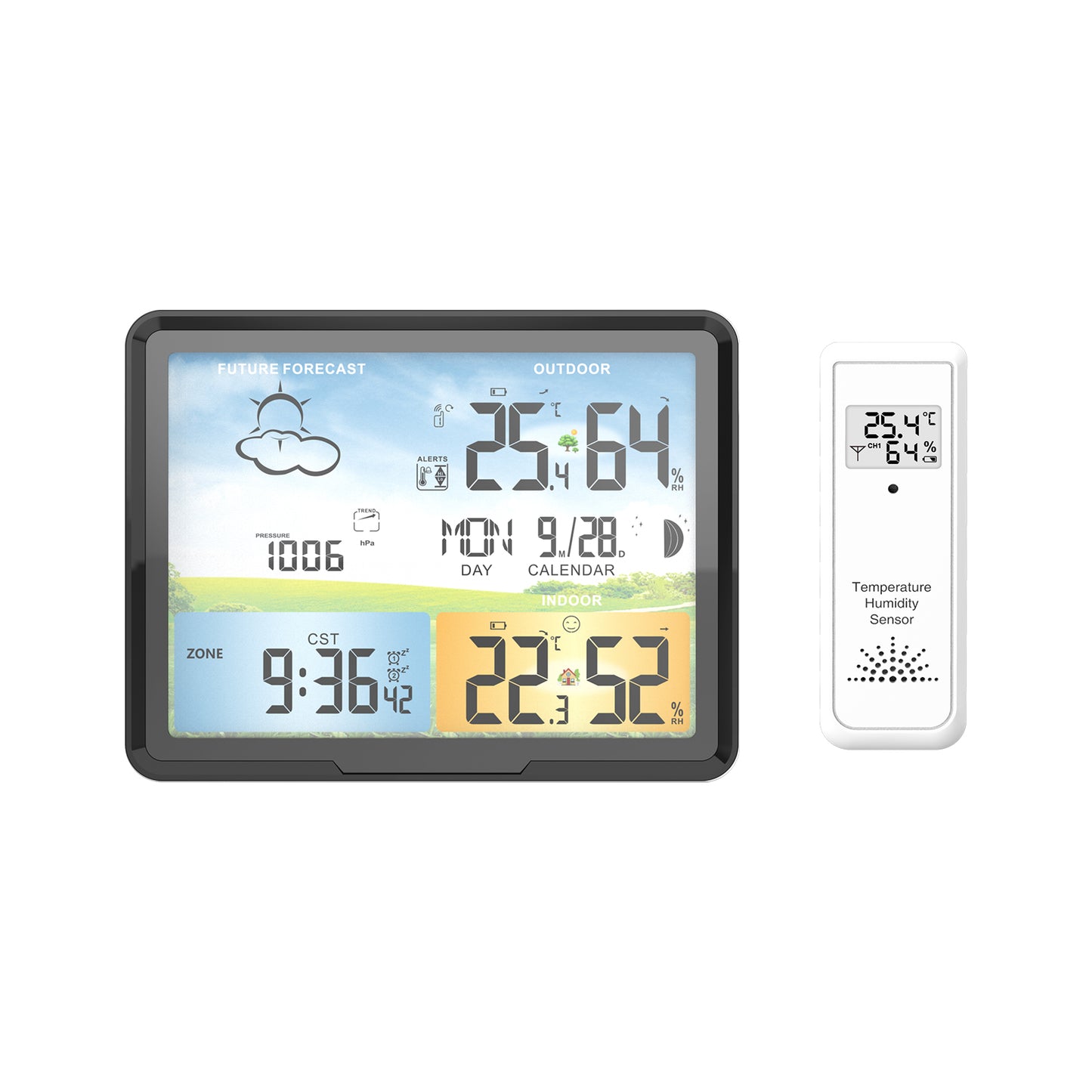 PT20A Wireless Weather Station Standing and Wall Hanging Colorful LCD Alarm Clock Indoor Thermometer Hygrometer