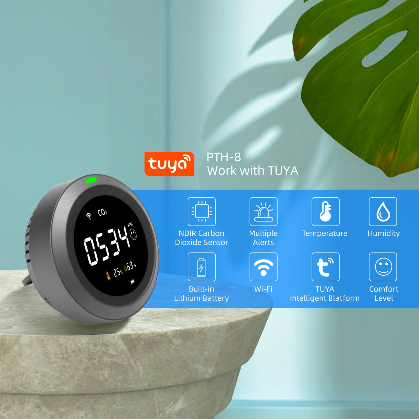 Monitor carbon dioxide levels in your home with the PTH-8 Wi-Fi Smart Carbon Dioxide Detector
