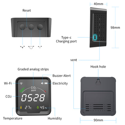 PTH-9CW Tuya WiFi CO2 Meter and Temperature Humidity Monitor Carbon Dioxide Detector Greenhouse CO2 Sensor with Light Indication