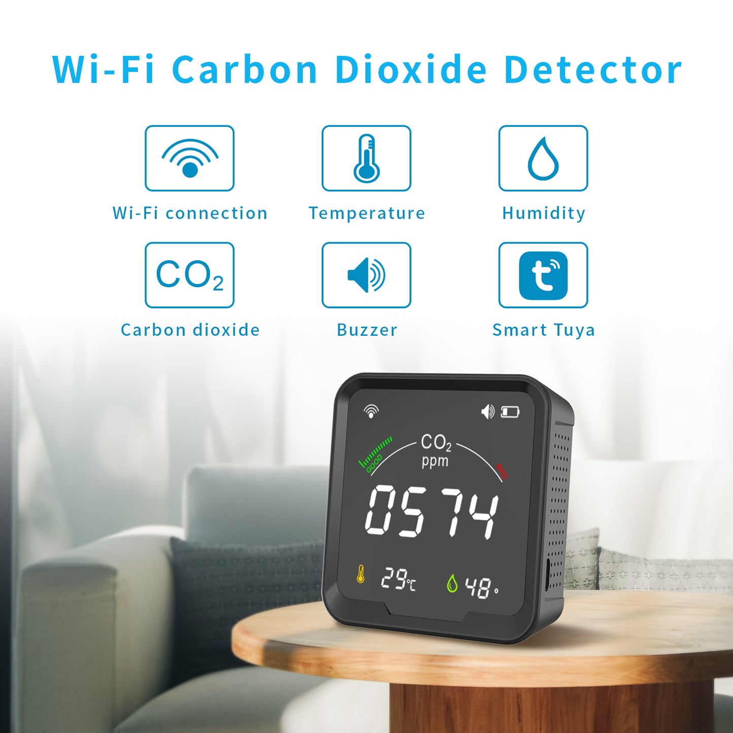 PTH-9CW Tuya WiFi CO2 Meter and Temperature Humidity Monitor Carbon Dioxide Detector Greenhouse CO2 Sensor with Light Indication