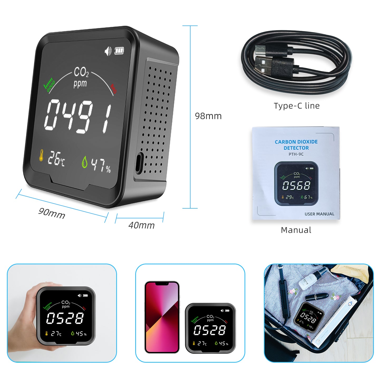 FABISENSE 9C 3-in-1 CO2 Detector | NDIR Sensor | 3-Color Alarm | CO2, Temp & Humidity | for Home & Office