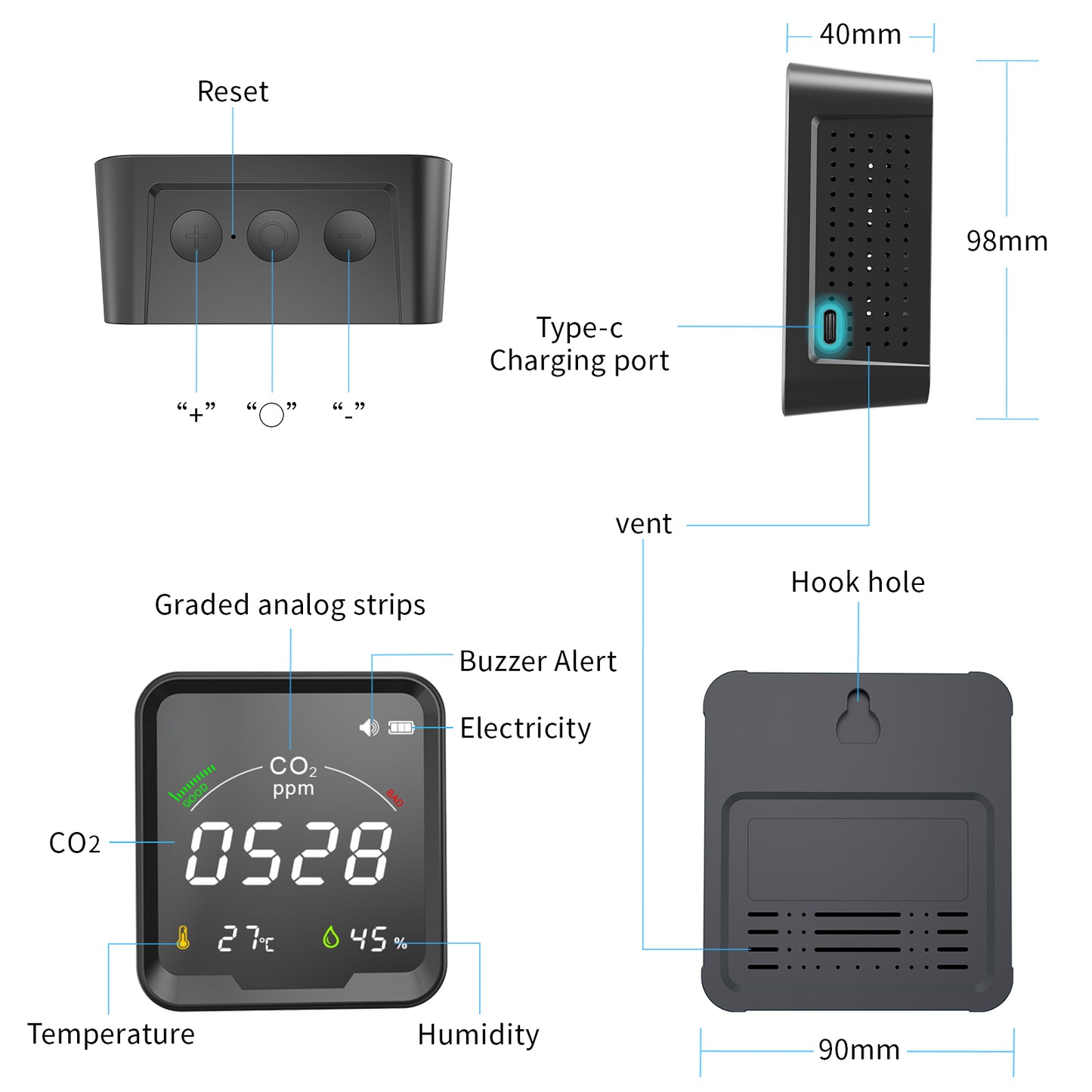 PTH-9C Multi-Function Carbon Dioxide Detector with Temperature and Humidity Meter, CO2 Beep Alarm, Low Battery Reminder