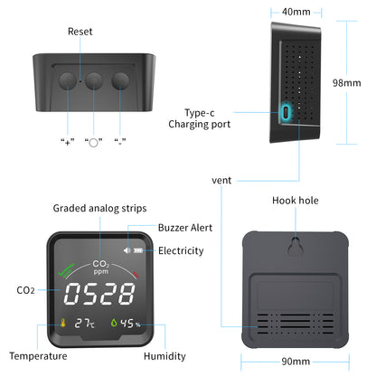 PTH-9C Multi-Function Carbon Dioxide Detector with Temperature and Humidity Meter, CO2 Beep Alarm, Low Battery Reminder