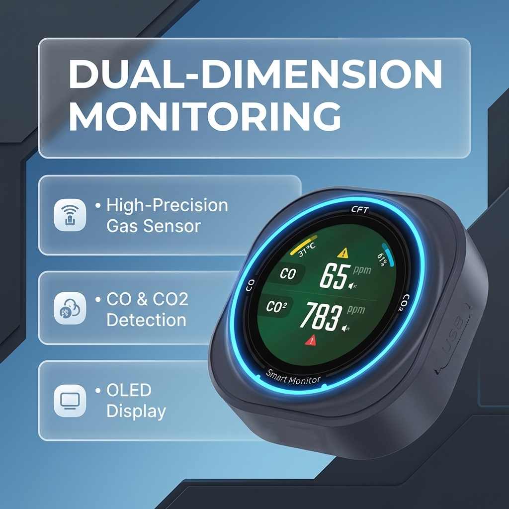 FABISENSE 282B Professional CO & CO₂ Detector | Dual Gas | Temp & Humidity | 1.8" Touch LCD | 2100mAh | for Industrial & Camping
